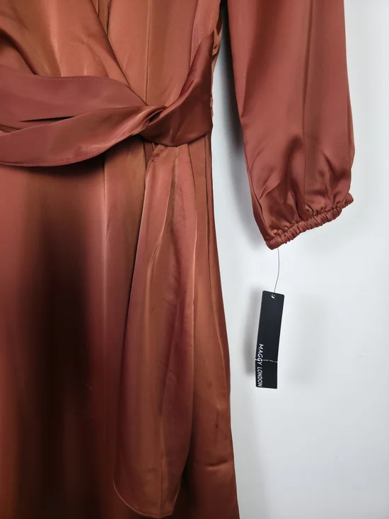 Maggy London Rust Satin Wrap Dress Size 10 Elegant Tie Waist Midi Long Sleeve - Picture 5 of 10